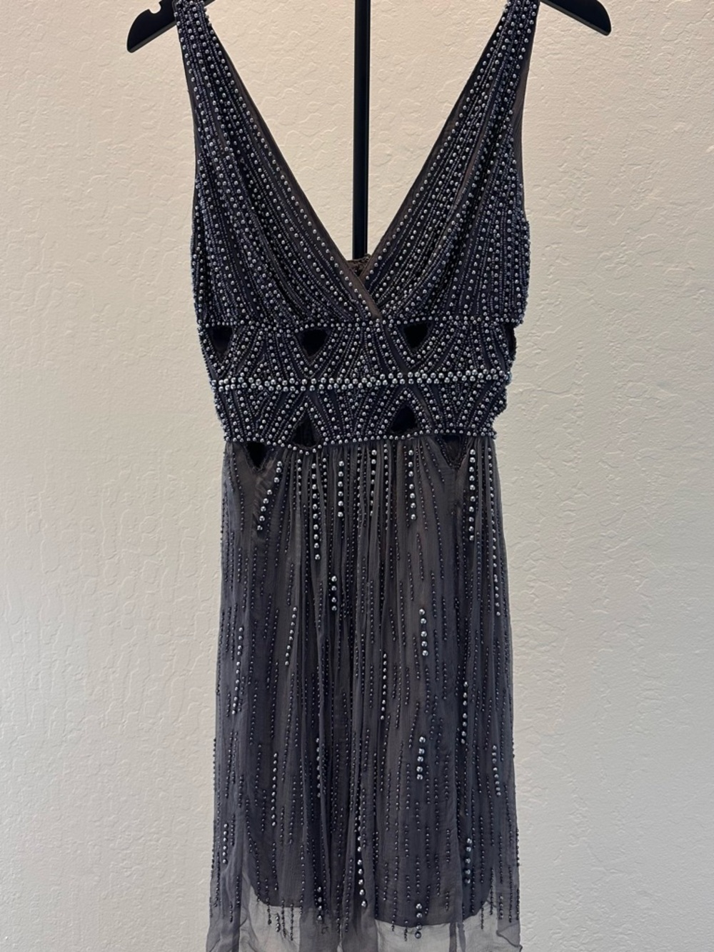 Beaded Deep V-Neck Prom Dress in Charcoal